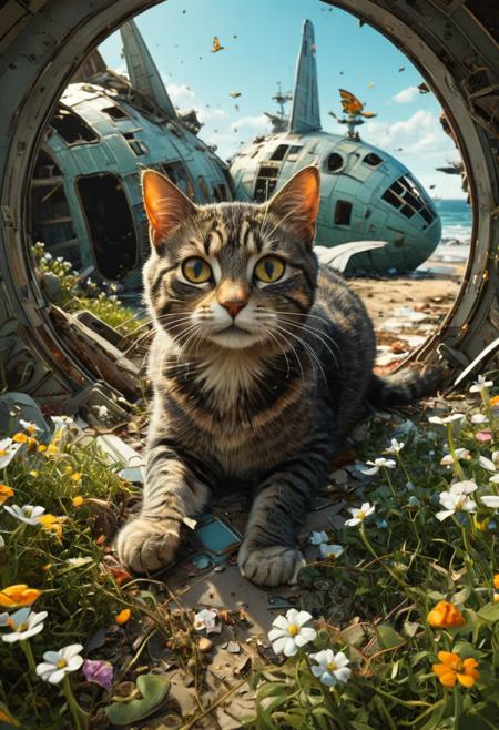 NSFW, photorealistic, by Greg Tocchini,  photo of a cat inside a destroyed badly damaged space ship in a beautiful beach, Cats running around:1.5, (Broken windows, broken body, spare parts scattered nearby.) Grass and flowers grow around it. Sunny summer day. ocean. Calm and beautiful. Detailed art, many details, cute, adorable, fairytale, storybook detailed illustration, cinematic, ultra highly detailed, beautiful details, vibrant colors, complex background, fine art, best quality, hyper detailed, professional poster art, bold lines, award winning, trending on ArtStation , (intricate details, masterpiece, best quality:1.4), looking at viewer, dynamic pos, in the style of nicola samori