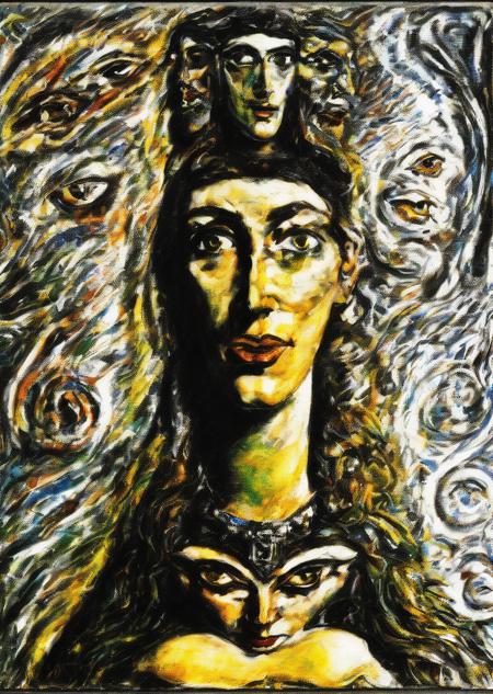 a painting of a woman and a man, an ultrafine detailed painting, by Austin Osman Spare and Ernst Fuchs, head portrait, style of leonora carrington, chaim soutine and frank auerbach, hecate goddess, impressionism and expressionism, both faces visible, stanisÅaw szukalski, mild expressionism, <lora:Austin_Osman_Spare_1.1:1>