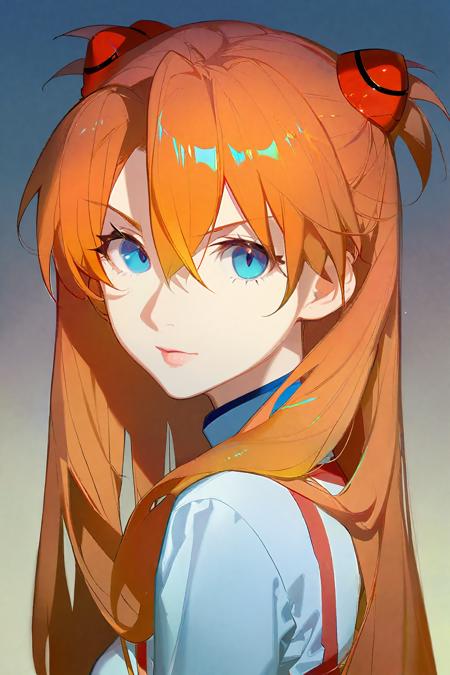 best quality, masterpiece, by ask, 1girl, blue eyes, solo, long hair, souryuu asuka langley, looking at viewer, gradient background, gradient, orange hair, upper body, bangs, hair ornament, hair between eyes