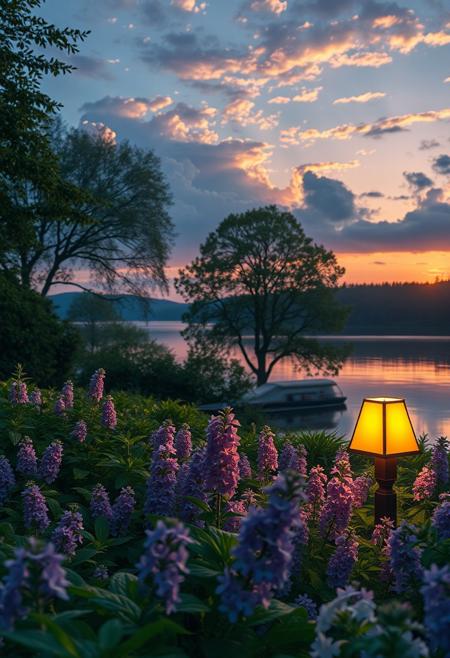 detailed background,( Calm spring night landscape), amongst lush greenery, beautiful view, creeping phlox in full bloom, creeping phlox, early morning, sunrise sky, beautiful clouds, dappled sunlight, outdoor seating, one lamp, Tranquil Lake, Boat on a Lake, depth of field, masterpiece, best quality, ultra-detailed, very aesthetic, illustration, perfect composition, intricate details, absurdres, moody lighting, wisps of light, no humans,