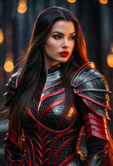 a beautiful woman wearing a forged carbon black and red armor, long flowing hair, red lipstick, confident pose, intricate armor details, glowing accents, cinematic lighting, dramatic shadows, reflective surface, hyperrealistic texture, bokeh background, depth of field, moody ambient light, ultra sharp focus