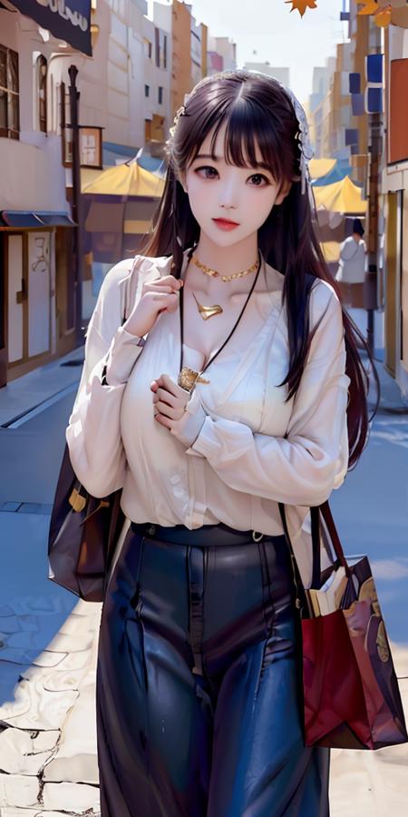 masterpiece,highres, highest quality,intricate detail,best texture,realistic,8k,soft light,perfect shadow, sunny,modern city,crowding street,stores,shopping,falling leaf, portrait,erjie,1girl,fasion,big gold necklace,famous watch, cigar,sunglasses,thumb up,walking,Luxury, street shot,