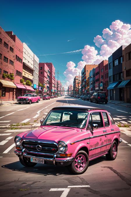 Weird Cars Concept,  a small pink and silver car parked on the side of the road,  no humans,  extreme light and shadow,  post apocalyptic,  insane detail,  absurdres, <lora:EMS-58767-EMS:0.500000>