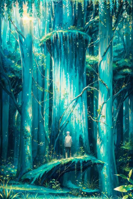 (masterpiece, top quality, best quality, official art, detailed:1.2),<lora:ginko-21:0.7>, ginko_soul3142, 1boy,  white hair, outdoors, tree, plant, nature, scenery, forest, bubble, underwater