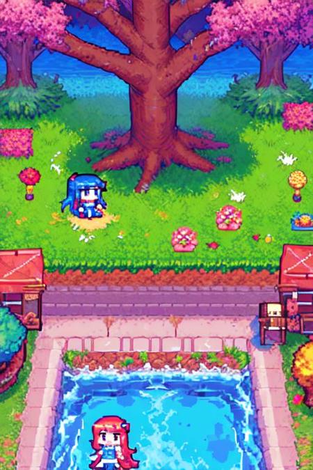 masterpiece, best quality,  pixel art ,  Game scene
1girl ,blue dress, sailor collar, bowtie, (chibi:1.3)
very long hair, blue hair, multicolored hair, blush, 
 grass, tree, scenery, water,