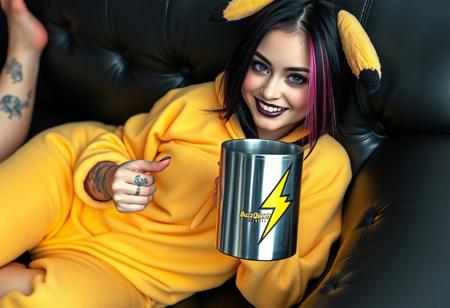 A high-definition photo of a beautiful 20yo goth girl, wearing Pikachu onesie, holding coffee mug. She is laying on a black leather couch, in a seductive relaxed pose, barefoot, smiling. The girl has black hair with pink and purple highlights, framing her beautiful face. Her stunning blue eyes are accentuated by her black eyeshadow. Her lipstick is black and metallic purple. She has visible, vivid, intricate tattoos. The large steel mug bares a yellow lightning bolt logo with 'Buzz Queen' in large letters. 8k detail, full body