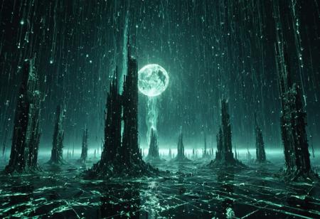 An abandoned metropolis submerged in a liquid sea of code. Buildings protrude from the glowing surface like broken data towers, their windows flickering with ghost signals. Digital fish swim through streaming data currents, and the sky rains falling hexadecimal symbols. Above, a giant corrupted moon phases in and out of sync. Atmospheric digital decay, underwater aesthetic reimagined in data, cinematic framing, surreal techno-ruins