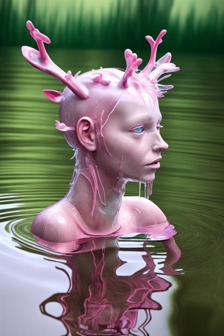 a woman in a pink outfit is floating in a pond of water with a deer head on her head and a pink dress on her head