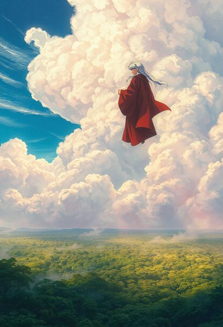 Vertical 9:16 anime-style sky in ultra-detailed 4K resolution. A vast, painterly sky stretches endlessly, filled with massive, textured cumulonimbus and wispy cirrus clouds layered in complex organic folds and bumps. Soft gaps in the cloud mass reveal vibrant -blue sky and warm sunlight beams filtering downward. Below lies a lush, unspoiled Amazon rainforest—an endless ocean of emerald green canopy, mist rising between treetops. Towering above the jungle, Inuyasha floats mid-air, his red robe and silver hair flowing in the breeze, one hand calmly resting on Tessaiga. The atmosphere is dreamy and emotional, painted in a hyper-realistic watercolor style with delicate cel shading. Soft pink, white, and sky-blue pastels blend with the golden light, creating a nostalgic, ethereal tone. Fine edge lighting, layered depth, and subtle ambient haze bring cinematic emotion and motion-ready composition.