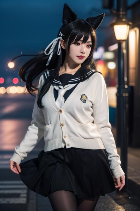 ultra-detailed,highly detailed,best quality,masterpiece,illustration,realistic,
atago, 1girl, solo, atago \(azur lane\), cosplay, mole under eye,
animal ears, very long hair,bangs, sidelocks, hair ribbon,
school uniform,cardigan, sailor collar, serafuku, long sleeves, pleated skirt, pantyhose,
outdoors, flower, night,city lights,dark, blurry background, photo background, tree, wind,floating hair, falling petals,
 <lora:atago_uni_v1_02:0.7>