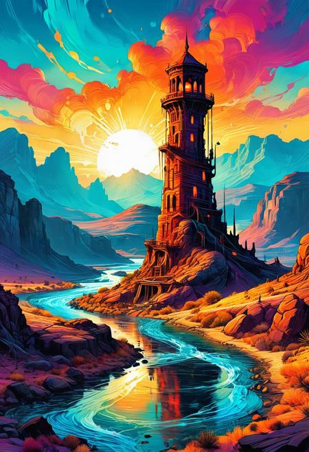 splash art, digital painting, flat 2d illustration, mountains, sunset, river,  lines and vibrant splashes of color. the surreal figure appears to be composed of translucent energy, a tower in a desert, landscape by james cameron
<lora:InkArtXL_1.2:0.4> <lora:FaeTastic:0.35> .  incredibly lifelike, high contrast, well defined .