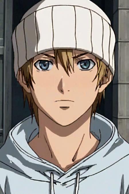 Kazuma Mikura blonde hair blue eyes white beanie hoodie