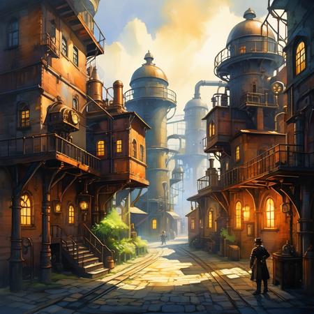 steampunk city scene,nature light,Fantastic light and shadows,
2d game scene,oil and watercolor painting,<lora:Retro_Illustration:1>,