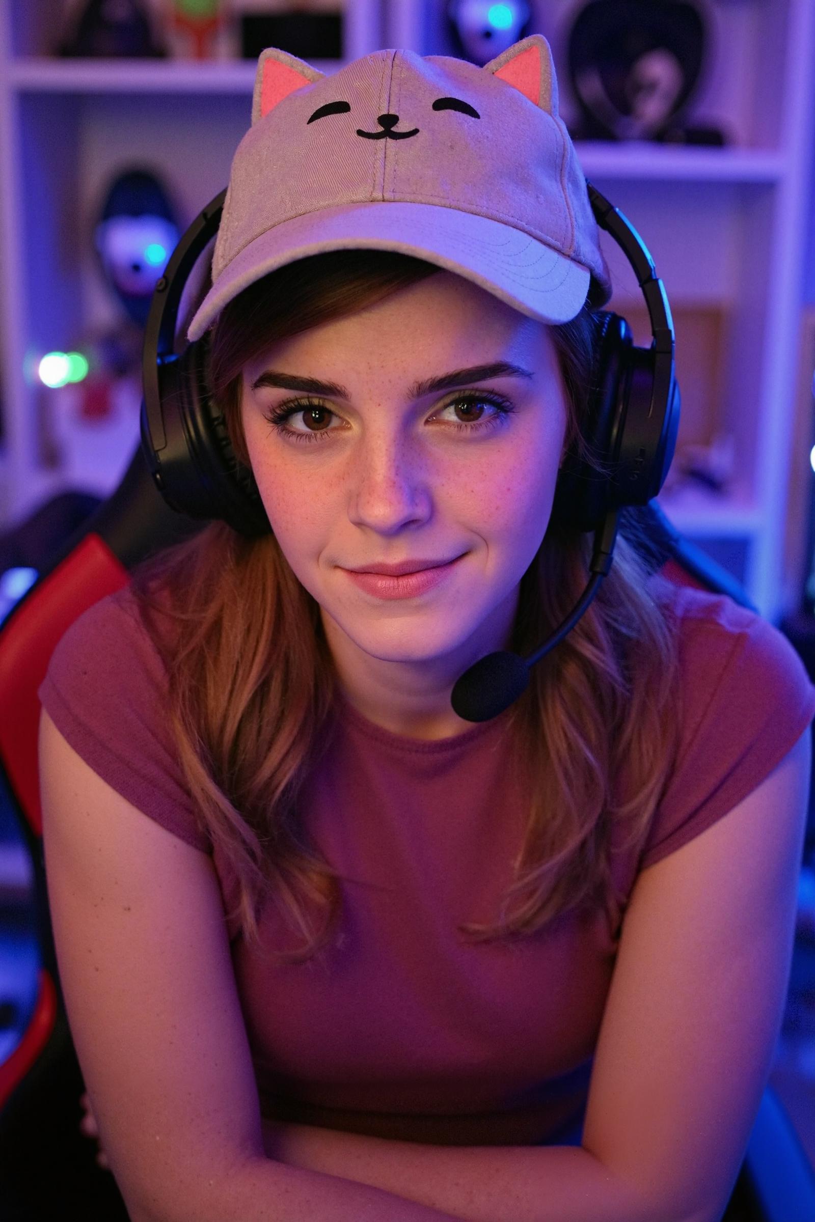 In this image, emmawats0n with a warm endearing smile is seated in what appears to be a gaming or streaming setup, surrounded by colorful and dynamic lighting. She has light brown hair that falls in soft, loose waves over her shoulders, adding to her elegant yet relaxed appearance. Her hair catches the light, giving it a warm, subtle shine that highlights her natural beauty.

She is wearing a light gray baseball cap with a cute happy cat face design on the front, complete with cat ears that stick out from the top of the hat. The cap is a playful and charming accessory, reflecting a fun and lighthearted personality. Over the cap, she wears a large, black gaming headset with padded ear cups and a microphone positioned near her mouth, indicating that she is either gaming or engaging in a live streaming session.

Her outfit consists of a sleeveless, dark pink top, which complements her fair complexion. The top has a simple, comfortable style, perfect for a casual indoor setting. The color of the top adds a pop of vibrancy to her overall look, standing out against the more neutral tones of her surroundings.

Her face is illuminated by the soft, colorful ambient lighting of the room, which includes hues of purple, green, and blue. These lights create a lively and engaging atmosphere, enhancing the energy of the scene. She has a fair, flawless complexion with a natural, healthy glow. Her eyes are a warm, expressive brown, framed by neatly shaped eyebrows that give her an air of intelligence and poise. Her lips are slightly parted in a gentle, friendly smile, suggesting that she is enjoying herself in this moment.

Her pose is relaxed and comfortable; she sits back in a gaming chair with red and black upholstery, which adds a bold contrast to the softer tones in the image. One arm rests casually on the armrest of the chair, while the other may be out of frame or resting on her lap. Her posture conveys a sense of ease and confidence, typical of someone who is accustomed to this environment.

The background of the image includes shelves with various objects, possibly gaming equipment or decorations, all bathed in the ambient colored lighting. The overall ambiance of the image is vibrant and playful, capturing the modern, tech-savvy atmosphere of a gaming or streaming environment. The lighting and setting emphasize the energy and enthusiasm of the young woman, who appears to be fully immersed in her activity.