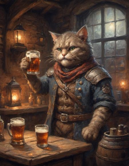 fantasy anthropomorphic cat warrior in dark tavern holding a pint of ale in a cozy environment with gas lamps rustic wood warm brick fireplace and frosted glass windows