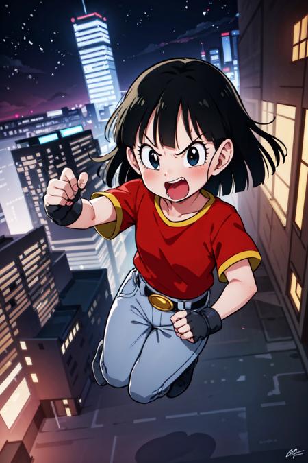 masterpiece, 
  <lora:panGT-000008:0.5>, 1girl, solo, short black hair, (black eyes),  pan, 
from above, angry
red shirt, pants, belt, boots, socks, gloves, 
city, night, building, floating, clenched hands,