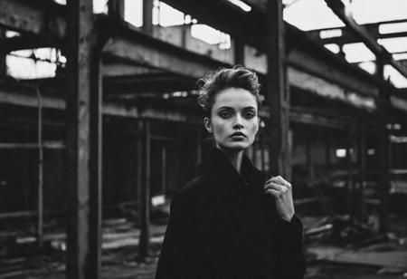 Lenar Karim photography style, tyson_dayley  , urban gritty location, posing in an industrial setting with steel beams, natural lighting, dramatic directional lighting, bold confident mood, black and white , Peter Lindbergh style