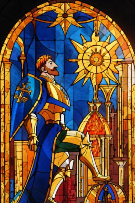 <lora:Stained_Glass_Story-10:1.3> stained_glass, <lora:escanor-10:0.9>, escanor, 1boy illustrated on stained glass, chapel, ARMOR, GOLD ARMOR, BLUE SHIELD, , sun, fire, glass, transparent, backlight,