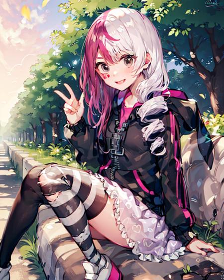 {{{masterpiece}}}, {{{best quality}}},megumegu, 1girl, solo, thighhighs, multicolored hair, pink hair, split-color hair, striped, asymmetrical legwear, mismatched legwear, hood, long hair, purple eyes, two-tone hair,drill hair, [facial 2 pink haert mark],rabbit hood, looking at viewer, skirt, hoodie, animal hood, blush, shoes, striped thighhighs,smile
,gorgeous,fantasism,nature,refined rendering,original,contour deepening,high-key and low-variance brightness scale,soft light,light and dark interlaced  <lora:megumegu_LYCORIS:0.9>