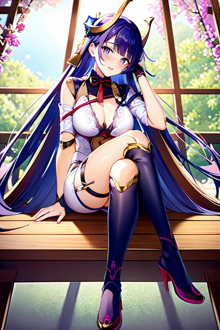 1girl, raiden shogun boss, solo, breasts, official alternate costume, long hair, purple eyes, purple hair, mole under eye, large breasts, looking at viewer, mole, mole under eye, purple thighhighs, bangs, hair ornament, thighs, joints, very long hair, thighhighs, purple nails, parted lips, armor, mitsudomoe \(shape\), blush, tomoe \(symbol\), bridal gauntlets, gloves, head rest, japan indoors background, indoors, pink leafs falling, crossed legs, sitting on table, indoors, from below, <lora:Raiden_Shogun_Boss-v1:1>