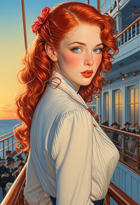Drawing of a realistic version of Rose DeWitt Bukater, Rose has fair skin, blue eyes, long red hair, full lashes, full pink lips, and perfect eyebrows, socialite, 1912, Irish_American, outside on the promenade_deck of the ship Titanic, golden hour, Creative angle, Expressionism, pinup_model, (masterpiece),ArsMJStyle, Colored pencil hyperdetailed realism, sexy, (cowboy_shot),