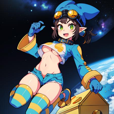 Thief,((black hair)), pointy ears,navel, black ponytail, underboob,slit pupils,green eyes,fang ,
,
ThiVS,blue animal hat,blue striped thighhighs,goggles on head, crop top, blue shorts ,blue gloves, blue paw shoes, blue long sleeves ,(blue attire), 
outer space,  gold treasure chests, stars, milky way, gold coins,
(insanely detailed, beautiful detailed face, masterpiece, best quality)      <lora:Thief:0.7>