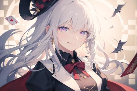 (extremely detailed CG, best quality, ultra-detailed, best shadow), (((checkered background))), ((illustration)), (beautiful detailed face), (floating hair), dynamic angle, High contrast, (best illumination, an extremely delicate and beautiful), hyper detail, intricate details, 1 girl, solo, magician, (white hair:1.3), tuxedo, pink eyes, (mini top hat:1.2), dice earrings, red ribbon, white gloves, holding card, (evil smile:1.3), (((floating card, swirling  bird around the character))), light particles, looking at viewer
<lora:Masheng-000002:1>