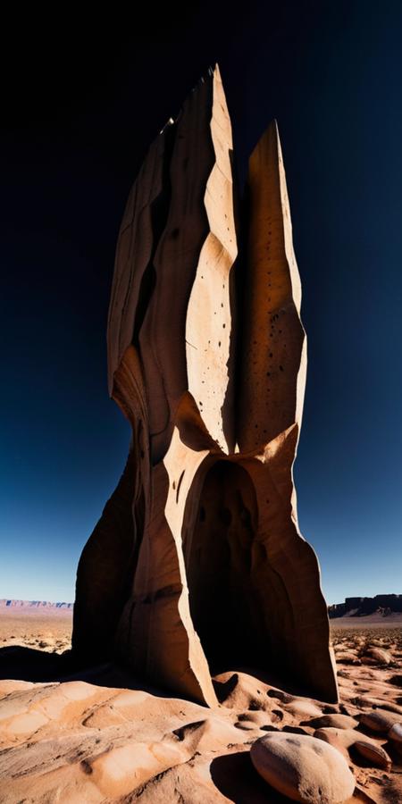 Surrealistic professionnal photography of a alien rocky landscape, gigantic black brutalist monolith, crevices, fissures, spikes, black sky, eerie, masterpiece, rough edges, extra detailed, film grain, award winning art, excellent quality <lora:xl_more_art-full_v1:0.4>
