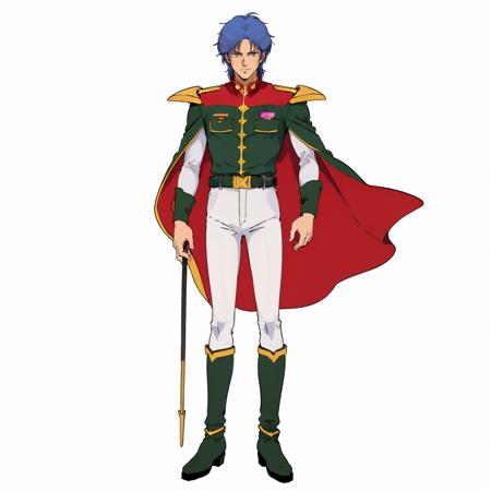 masterpiece,high quality,
white background,simple background,
<lora:mashymrecello001:0.6>,solo,
mashymre_cello,1man,
short hair,blue hair,brown eyes,
cape,military uniform,shoulder armor,zeon,pink rose,holding,
belt,white pants,
boots,green footwear,
full body,standing,