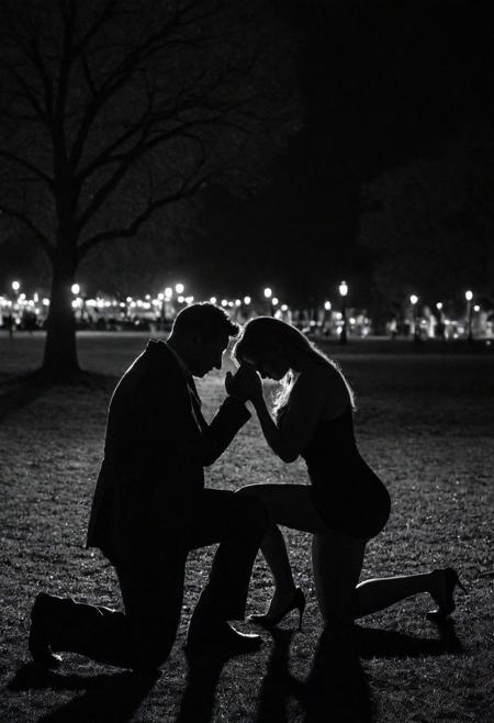 cinematic, ((black and white, monochrome, greyscale)), of a 1man, kneeling before, proposing, to a standing 1woman, she is overwhelmed with emotion, in a dark, dimly lit, park, at night, It was a whirlwind romance, they immediately hit it off and everything fell into place, their love will stand the test of time, detailed hands, noise, detailed, high quality, cinematic lighting, contrast, heavy dynamic shadows, atmospheric,