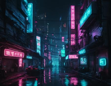 <lora:r0k00g00th:1>,r0k00g00th,r0kur3&l1tyHD. cyberpunk art,, a city street with neon signs and buildings in the background at night time [2]
