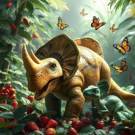 A triceratops eating strawberries in the jungle. There is a baby stegosaurus eating strawberries next to the triceratops. The jungle is beautiful and there are butterflies around the dinosaurs. In the style of toy story.