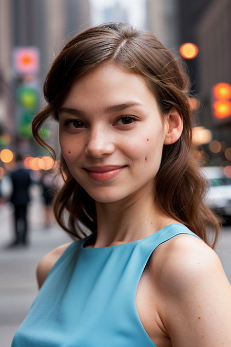 LizaKorol, photography by (Rodney Smith:1.3), ((face focus, shoulders)), modelshoot, pose, (business dress, facing viewer, busy Manhattan sidewalk, looking at viewer, blurry background, bokeh, ID photo:1.3), grin