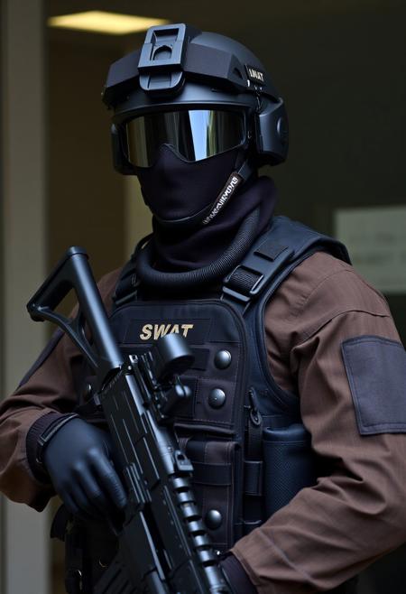 Photograph of a (featureless mannequim) in (tactical SWAT gear, unarmed).