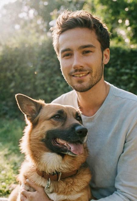 cinematic film still fashion photography portrait of 1man with dog as companion, headshot, sunlight , Fine Art & Beauty Photography – ,,light diffraction in frame, dreamy,hazy look.  Helios 44-2 lens mounted on a Praktica MTL 5B Helios 44M-4 lens, 58mm f/2,   in a garden. authentic happy smile