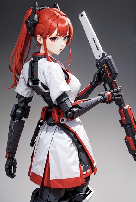 best quality, high_resolution, distinct_image, detailed background ,hanbok,fused robot,girl,holding weapon,mecha musume:0.5, in factory,exoskeleton,