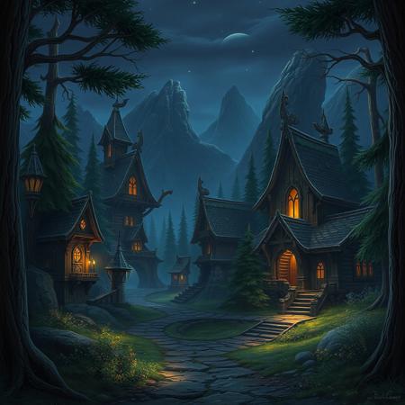 fantasy style, warcraft, environment, woods, night elf buildings, video games, forest, night, mountains, path,