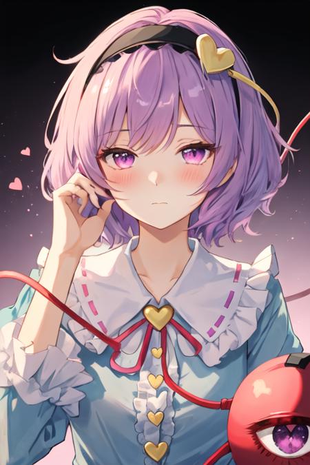 best quality, masterpiece, highres, solo, {komeiji_satori_touhou:1.15}, heart, short_hair, hairband, pink_hair, third_eye, pink_eyes, blush, hair_ornament, heart_hair_ornament, 1girl, black_hairband, blouse, blue_shirt, closed_mouth, expressionless, frilled_shirt_collar, frills, looking_at_viewer, messy_hair, purple_eyes, purple_hair, ribbon_trim, shirt, simple_background, heart_button, eyebrows_hidden_by_hair, portrait, ribbon-trimmed_collar, upper_body, white_background