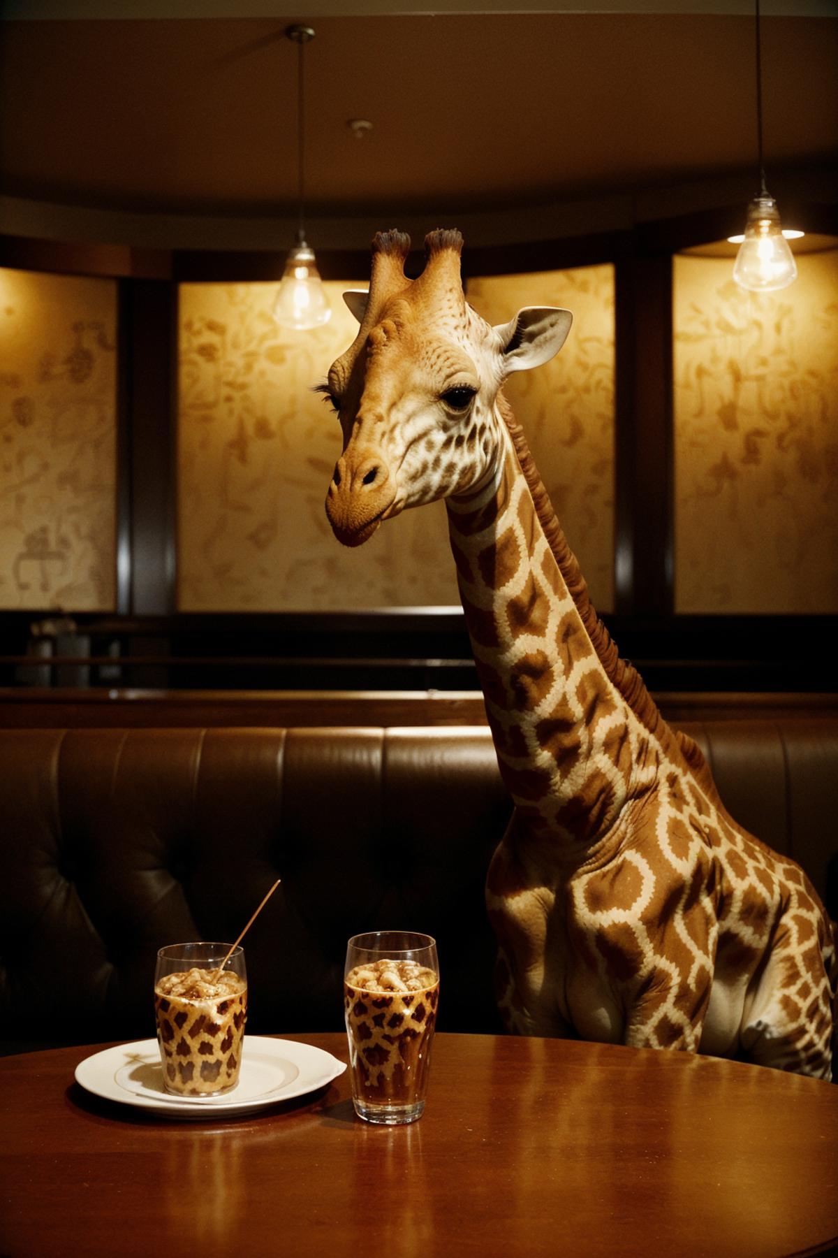 A giraffe standing in a dining room, surrounded by furniture, and looking at two glasses of drinks on a table.