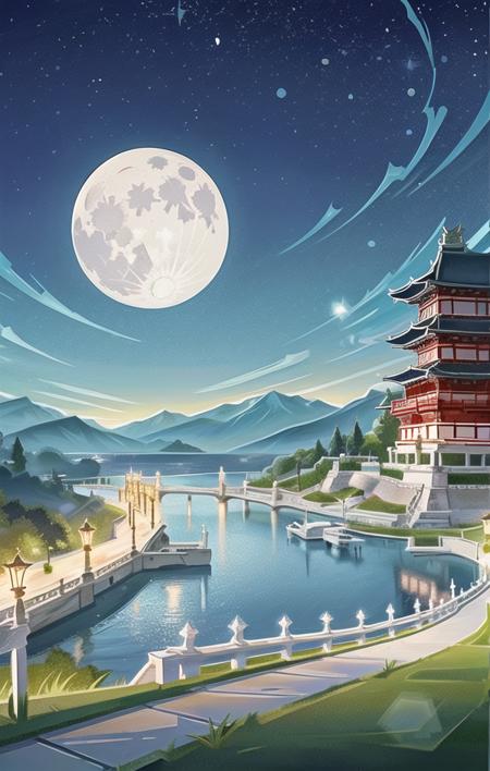 masterpiece, best quality, no humans, scenery, grassy hills, clear lake, full moon, city lights, castle, east asian architecture <lora:GenshinTCG-000060:1>