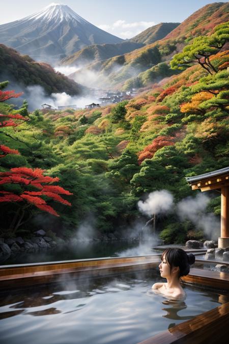 landscape, japan traditional, a girl bathing at hot japanonsen, dawn, dim light, detail, realistic, ((masterpiece)), hot steam, wooden bucket, forest, bamboo, <lora:ARWJapanOnsen:1>