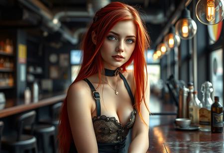 portrait photography,high quality,high resolution,4k HDR,realistic,young woman 21 years old,beautiful slim curvy and tapered body,long straight red hair in a tail,green eyes,beautiful sweet graceful face very feminine with some freckles,light skin with tattuaggi,wearing sexy and revealing steampunk style clothes,sitting at a bar counter fromo industrial style reto futuristic