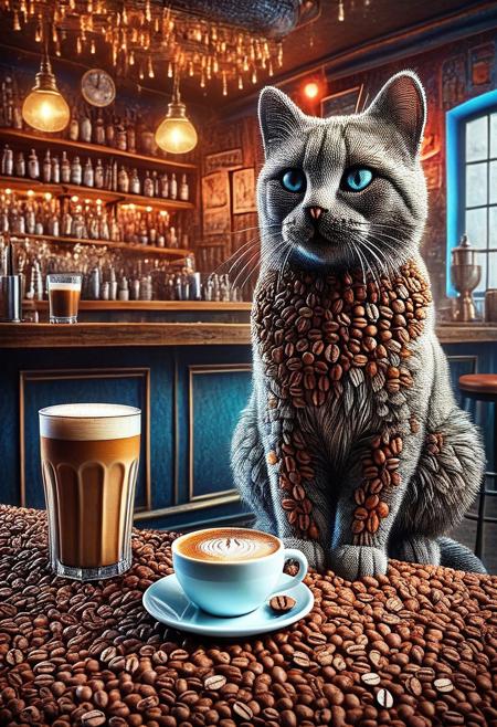 cat, drinks a coffee, sitting at the bar, detailed background, artistic, look at the viewer, rating safe, fantasy background, colorfull, coffee beans