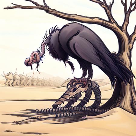 a vulture sits on the branch of a dead tree, beneath which lies the skeleton of an antelope in the desert, (background French Foreign Legion soldiers are marching)