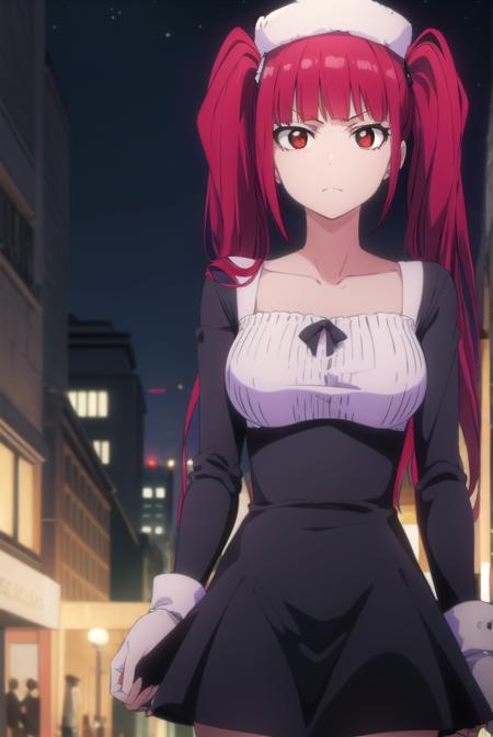 rirukadokugamine, <lora:rirukadokugamine-lora-nochekaiser:1>, 
riruka dokugamine, long hair, twintails, (red eyes:1.5), purple hair, bangs, blunt bangs,
BREAK thighhighs, hat, maid, long sleeves, gloves, dress, black dress, skirt, black skirt, collarbone,
BREAK outdoors, night, city,
BREAK looking at viewer, (cowboy shot:1.5),
BREAK <lyco:GoodHands-beta2:1>, (masterpiece:1.2), best quality, high resolution, unity 8k wallpaper, (illustration:0.8), (beautiful detailed eyes:1.6), extremely detailed face, perfect lighting, extremely detailed CG, (perfect hands, perfect anatomy),