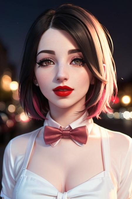 photo of a woman, noemielili:0.99, ((pale skin)), ((bowtie, shirt):1.2), ((short hair))((closeup, portrait):1.2),((outdoors, city street, at night):1.1),((red lipstick,eyeliner, eye shadow, blush):1.2), ((best quality, masterpiece, extreme details, high resolution):1.2),((detailed eyes, beautiful eyes, detailed face, beautiful face):1.2)