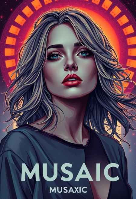 high quality design aesthetics, disco, synth pop, dynamic, detailed, pop album cover, melancholic, beautiful young white woman, artist name "MUSAIC"