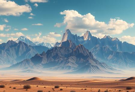 Photorealistic fantasy landscape image of a desert mountain range