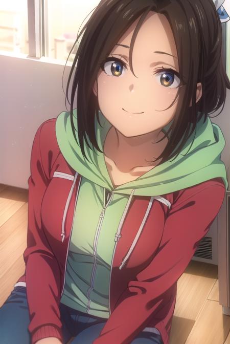 hikarihazakura, <lora:hikari hazakura s1-lora-nochekaiser:1>,
hikari hazakura, black hair, (brown eyes:1.3), hair ribbon, dark skin, dark-skinned female, smile,
BREAK jacket, pants, hood, hoodie, (red jacket:1.3),
BREAK indoors, classroom,
BREAK looking at viewer, (cowboy shot:1.5),
BREAK <lyco:GoodHands-beta2:1>, (masterpiece:1.2), best quality, high resolution, unity 8k wallpaper, (illustration:0.8), (beautiful detailed eyes:1.6), extremely detailed face, perfect lighting, extremely detailed CG, (perfect hands, perfect anatomy),