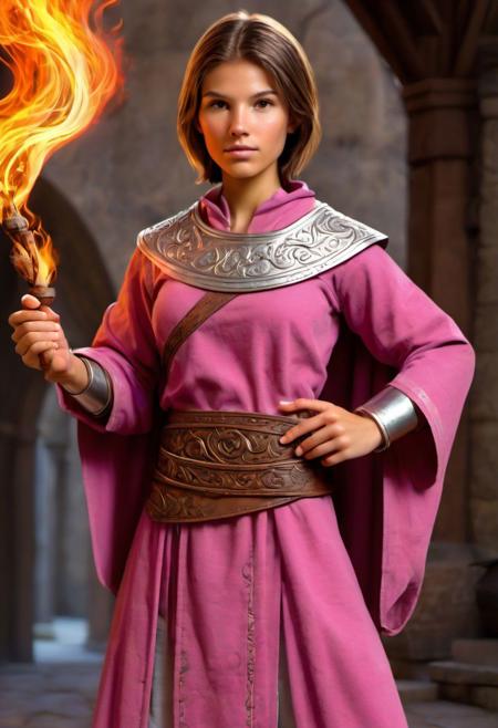 (photo:1.75) (D&D character) tan (Age 20) (monk/fire sorceress:1.2) (shorter hair, light brunette:1.23) (5'8) (130lbs) (28B-23-31 figure:1.24) (sliver/pink attire:1.2) athletic (medium breasts) in monastery full body real life HDR